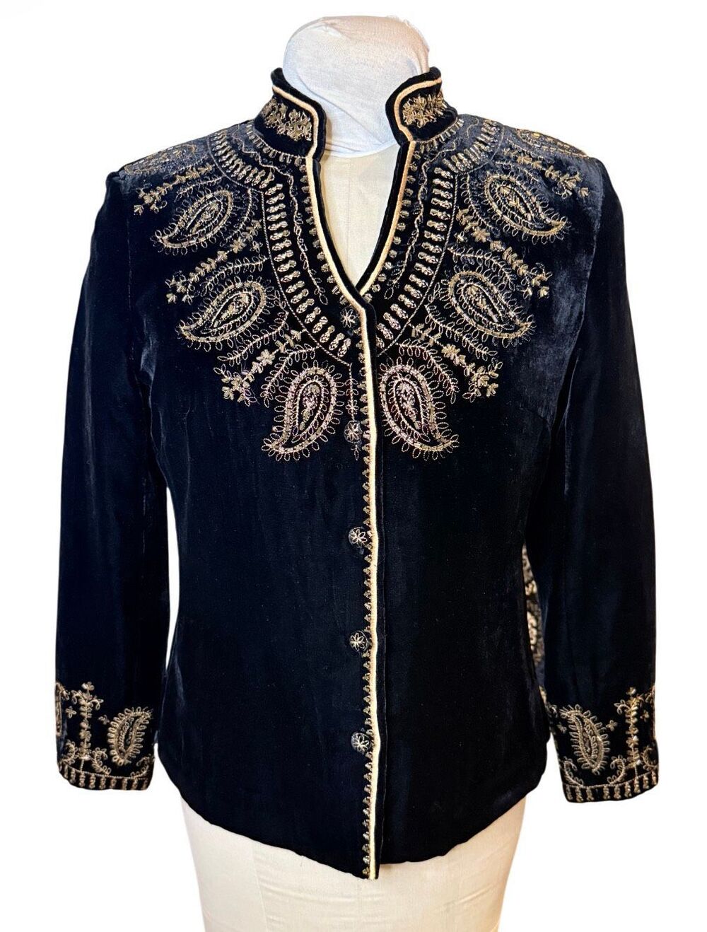 Soiree Vintage Black Velvet Metallic Embroidered Evening Jacket Sz. 8P Occasion